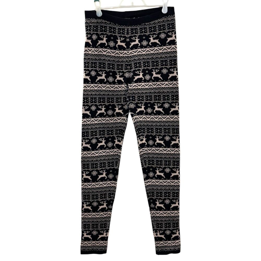 Forever 21 Fair Isle Reindeer Snowflake Knit Leggings Black Cream Size Large